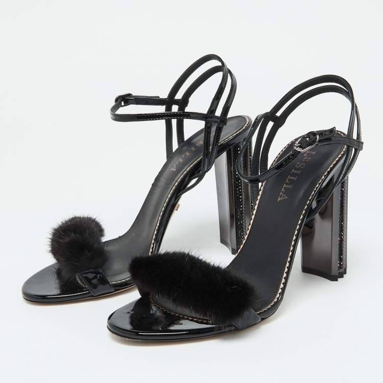 Pre Owned Le Silla Black Fox Fur and Patent Leather Ankle Strap Sandals Size 39