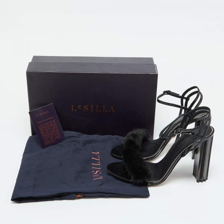 Pre Owned Le Silla Black Fox Fur and Patent Leather Ankle Strap Sandals Size 39