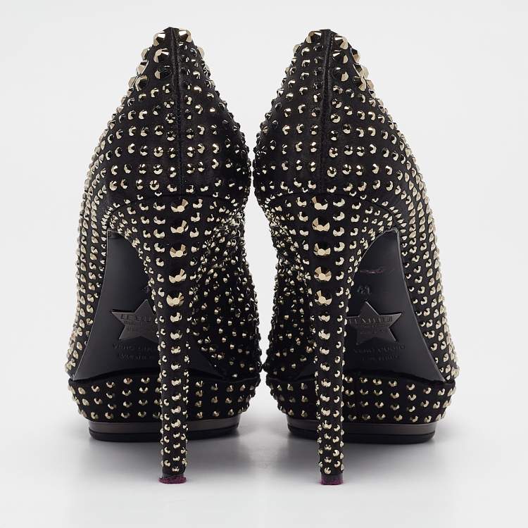 Pre Owned Le Silla Black Satin Crystals Peep Toe Pumps Size 41