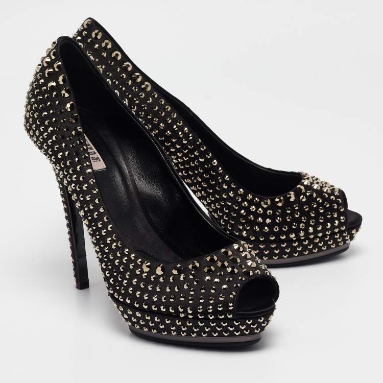 Pre Owned Le Silla Black Satin Crystals Peep Toe Pumps Size 41