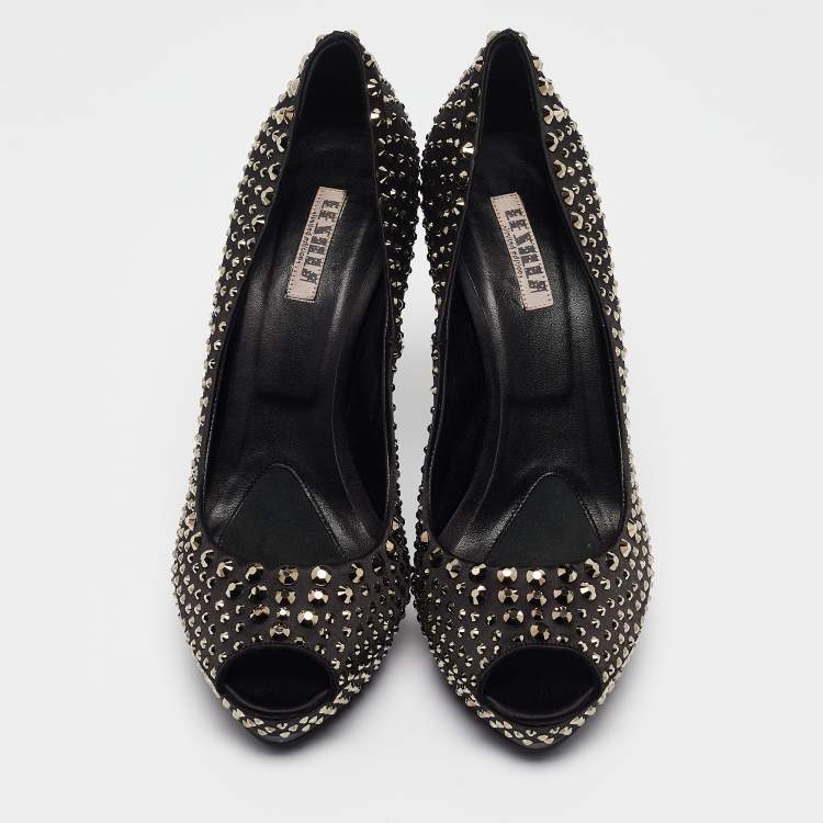 Pre Owned Le Silla Black Satin Crystals Peep Toe Pumps Size 41