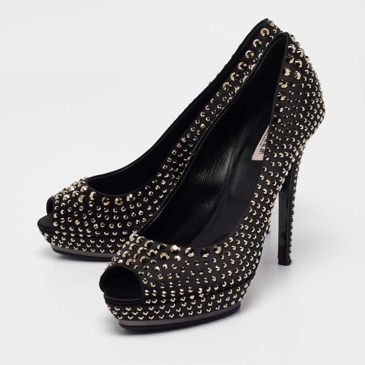 Pre Owned Le Silla Black Satin Crystals Peep Toe Pumps Size 41