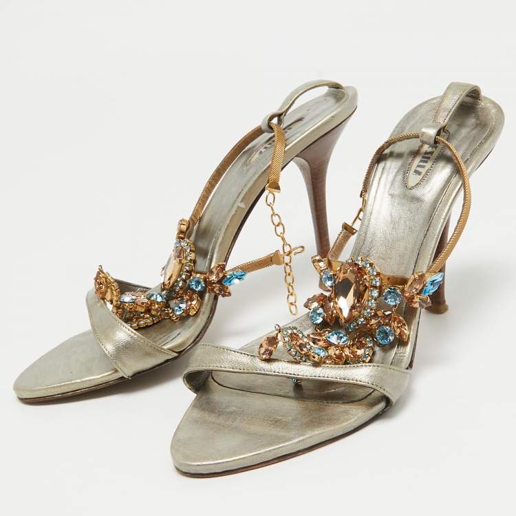 Pre Owned Le Silla Metallic Leather Crystal Embellished Ankle Strap Sandals Size 39