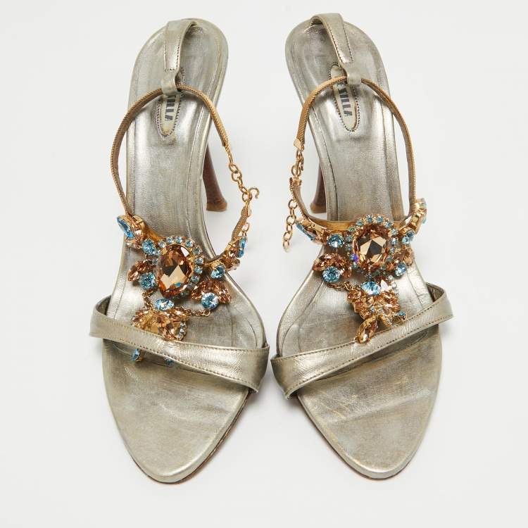 Pre Owned Le Silla Metallic Leather Crystal Embellished Ankle Strap Sandals Size 39