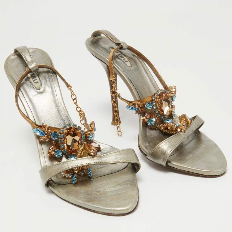 Pre Owned Le Silla Metallic Leather Crystal Embellished Ankle Strap Sandals Size 39