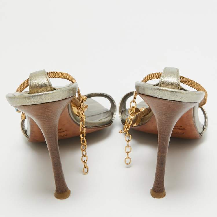 Pre Owned Le Silla Metallic Leather Crystal Embellished Ankle Strap Sandals Size 39
