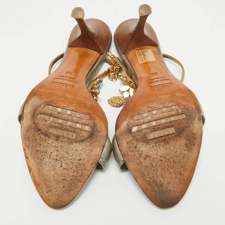 Pre Owned Le Silla Metallic Leather Crystal Embellished Ankle Strap Sandals Size 39