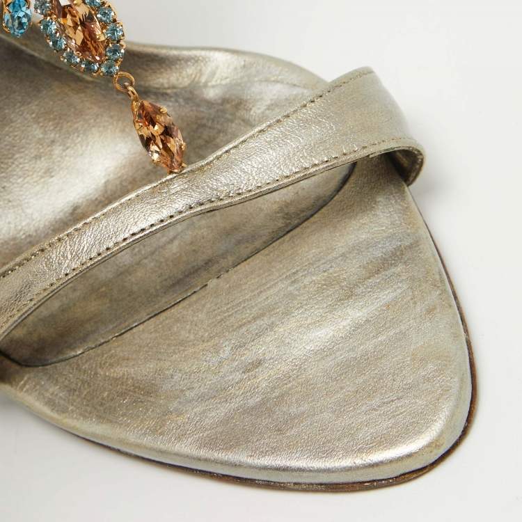 Pre Owned Le Silla Metallic Leather Crystal Embellished Ankle Strap Sandals Size 39