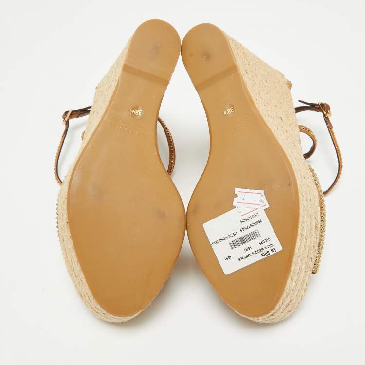 Pre Owned Le Silla Metallic Brown Crystal Embellished Suede Espadrille Wedge Sandals Size 38.5