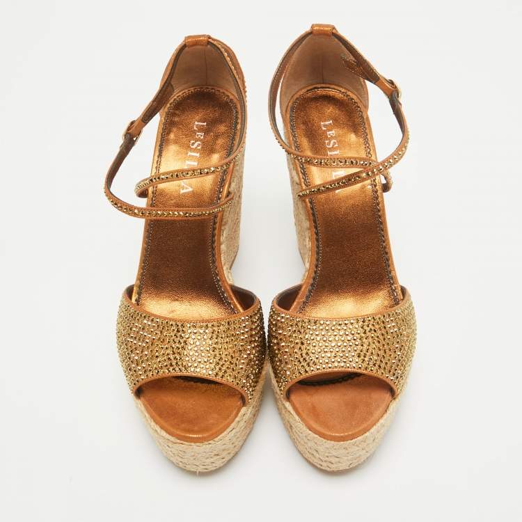 Pre Owned Le Silla Metallic Brown Crystal Embellished Suede Espadrille Wedge Sandals Size 38.5