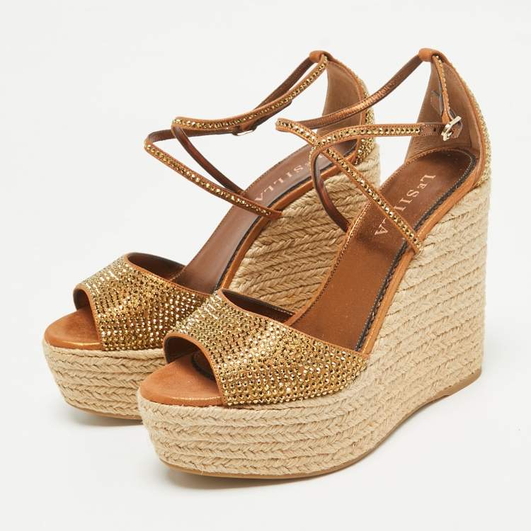 Pre Owned Le Silla Metallic Brown Crystal Embellished Suede Espadrille Wedge Sandals Size 38.5
