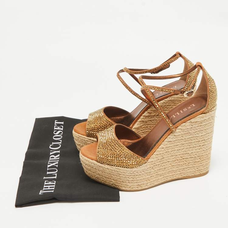 Pre Owned Le Silla Metallic Brown Crystal Embellished Suede Espadrille Wedge Sandals Size 38.5