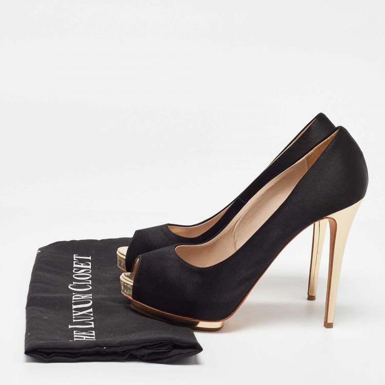 Pre Owned Le Silla Black Satin Peep Toe Platform Pumps Size 38
