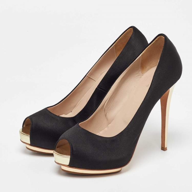 Pre Owned Le Silla Black Satin Peep Toe Platform Pumps Size 38