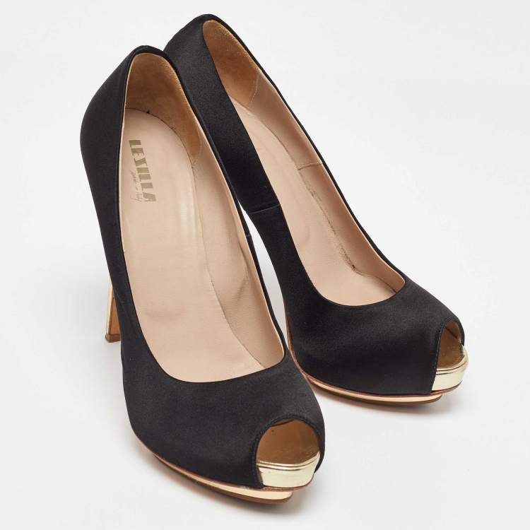Pre Owned Le Silla Black Satin Peep Toe Platform Pumps Size 38