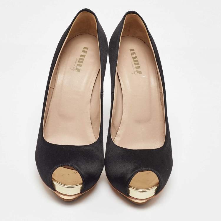 Pre Owned Le Silla Black Satin Peep Toe Platform Pumps Size 38