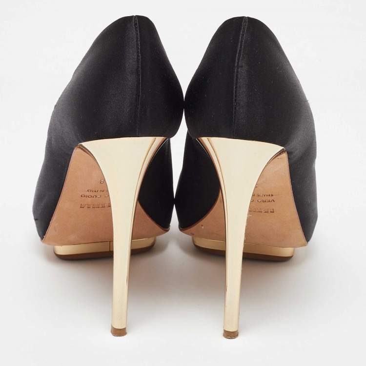 Pre Owned Le Silla Black Satin Peep Toe Platform Pumps Size 38