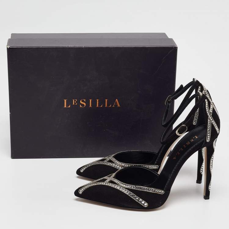 Pre Owned Le Silla Black Suede Crystal Embellished Mary Jane Pumps Size 38.5