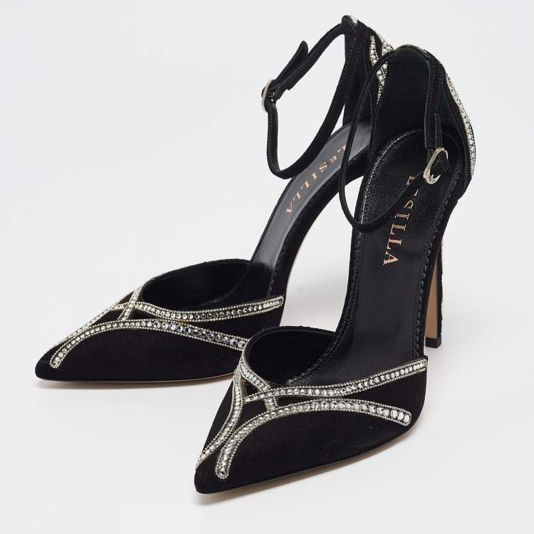 Pre Owned Le Silla Black Suede Crystal Embellished Mary Jane Pumps Size 38.5