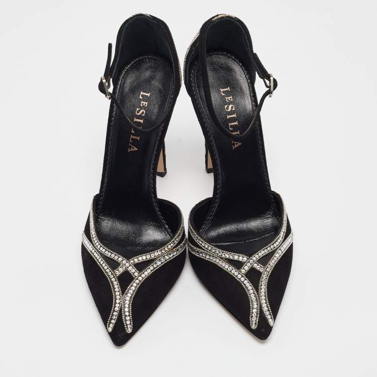 Pre Owned Le Silla Black Suede Crystal Embellished Mary Jane Pumps Size 38.5