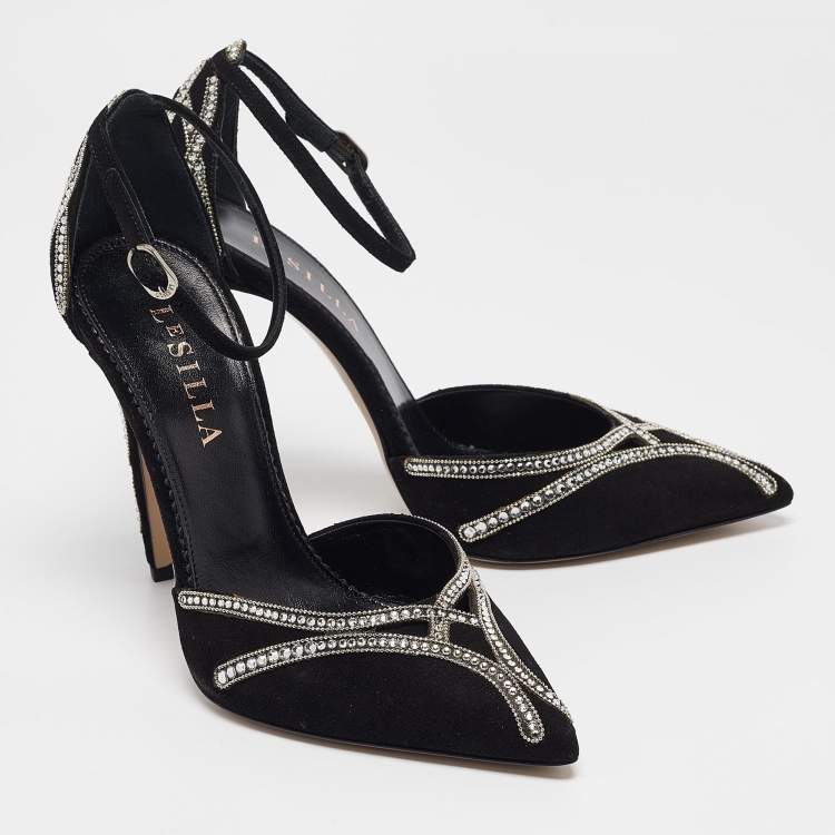 Pre Owned Le Silla Black Suede Crystal Embellished Mary Jane Pumps Size 38.5