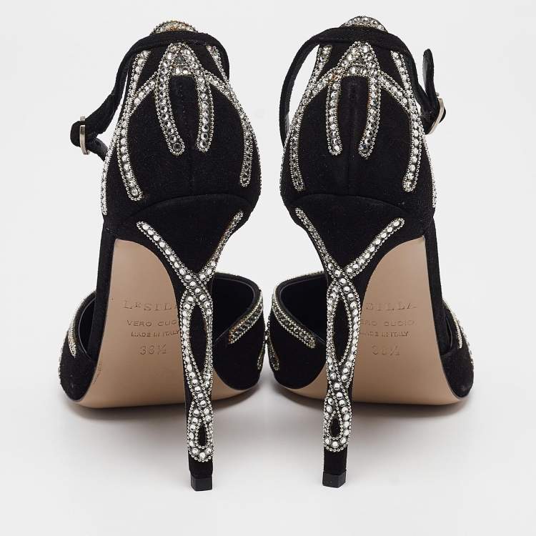 Pre Owned Le Silla Black Suede Crystal Embellished Mary Jane Pumps Size 38.5