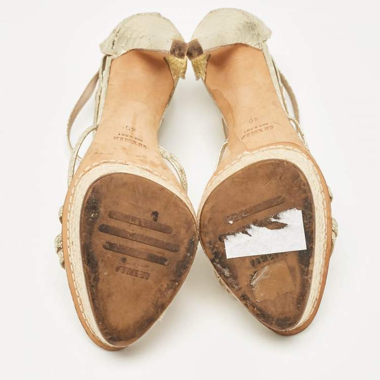 Pre Owned Le Silla Gold Leather and Embossed Python Espadrille Platform Strappy Sandals Size 40