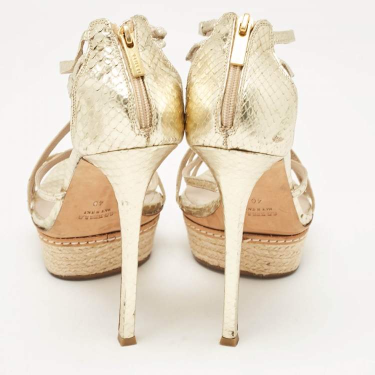 Pre Owned Le Silla Gold Leather and Embossed Python Espadrille Platform Strappy Sandals Size 40