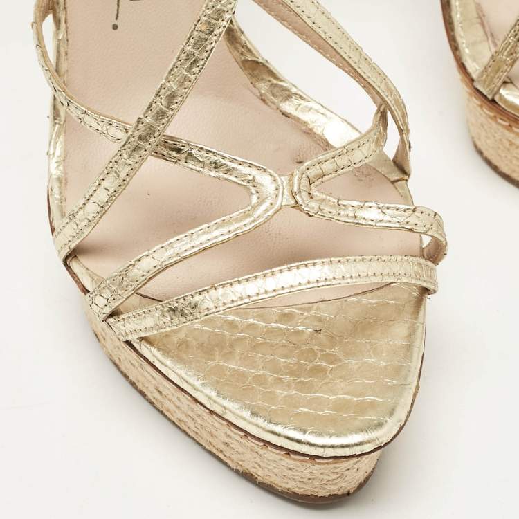 Pre Owned Le Silla Gold Leather and Embossed Python Espadrille Platform Strappy Sandals Size 40