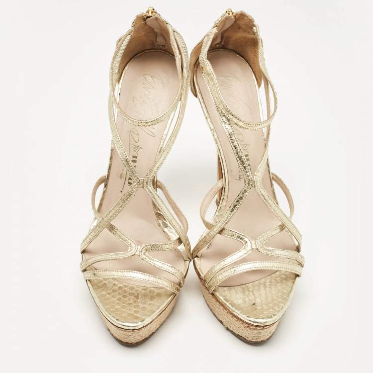 Pre Owned Le Silla Gold Leather and Embossed Python Espadrille Platform Strappy Sandals Size 40