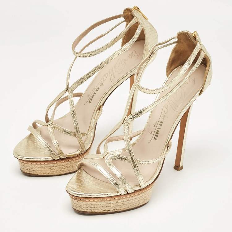 Pre Owned Le Silla Gold Leather and Embossed Python Espadrille Platform Strappy Sandals Size 40