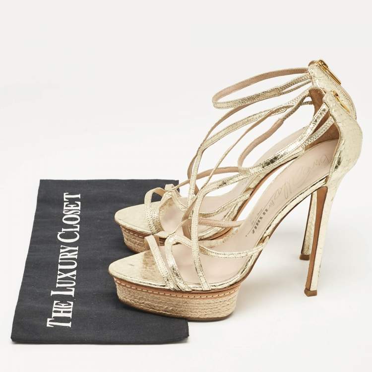 Pre Owned Le Silla Gold Leather and Embossed Python Espadrille Platform Strappy Sandals Size 40