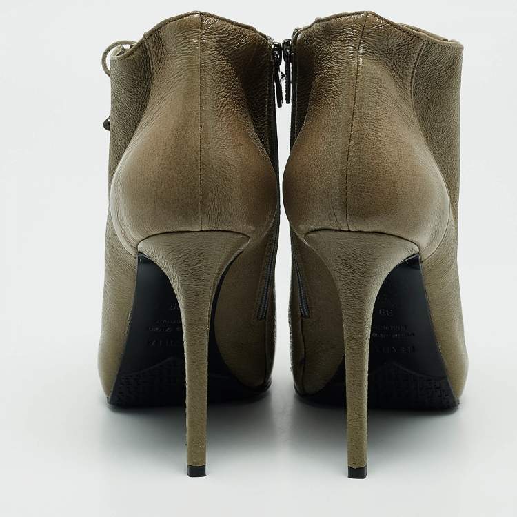 Pre Owned Le Silla Olive Green Leather Studded Pointed Toe Lace Up Ankle Booties Size 39