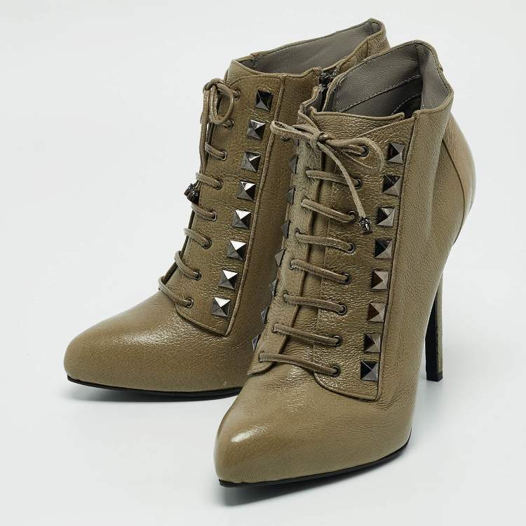 Pre Owned Le Silla Olive Green Leather Studded Pointed Toe Lace Up Ankle Booties Size 39