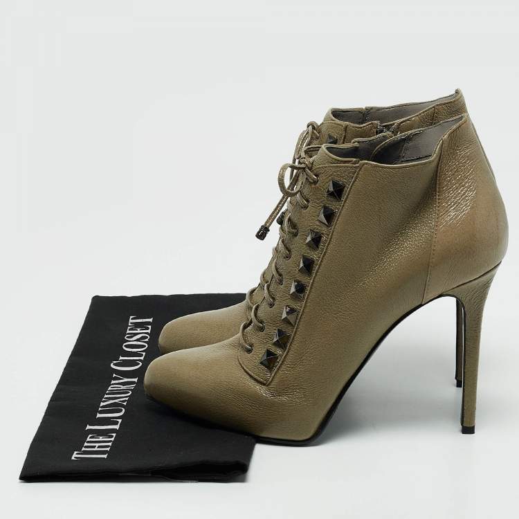 Pre Owned Le Silla Olive Green Leather Studded Pointed Toe Lace Up Ankle Booties Size 39