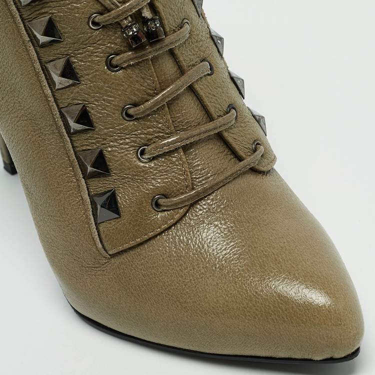 Pre Owned Le Silla Olive Green Leather Studded Pointed Toe Lace Up Ankle Booties Size 39