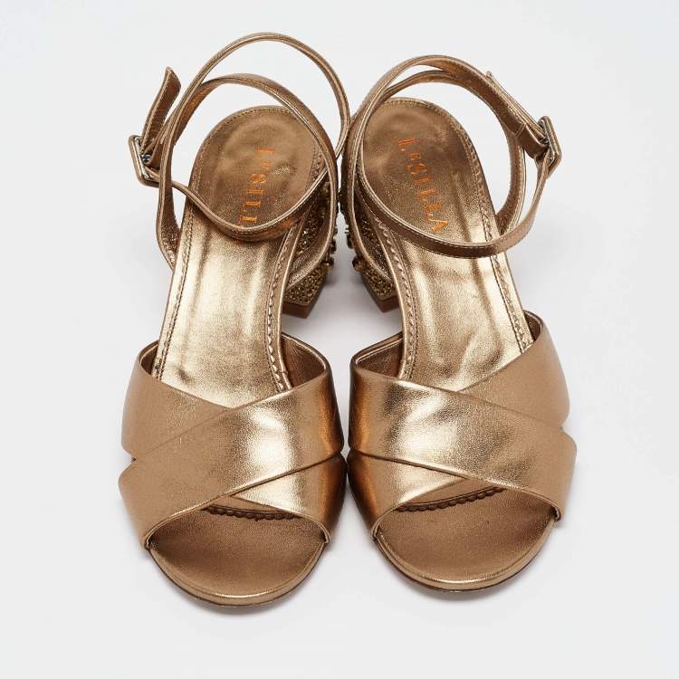 Pre Owned Le Silla Metallic Leather Ankle Crystal Embellished Strap Sandals Size 38