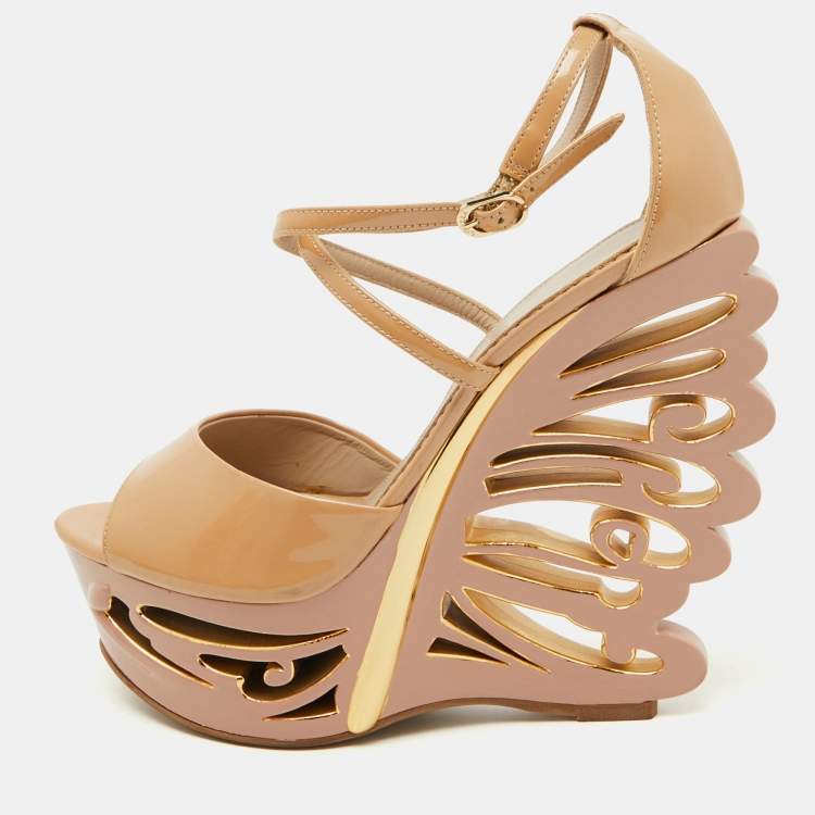 Pre Owned Le Silla Beige Patent Leather Butterfly Platform Wedge Sandals Size 38