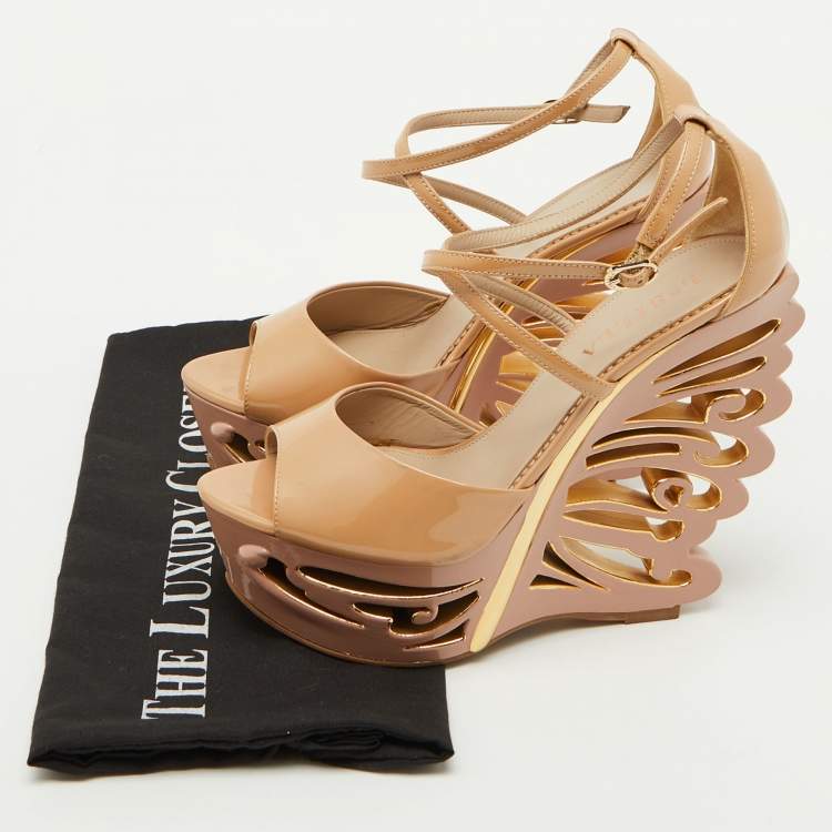 Pre Owned Le Silla Beige Patent Leather Butterfly Platform Wedge Sandals Size 38