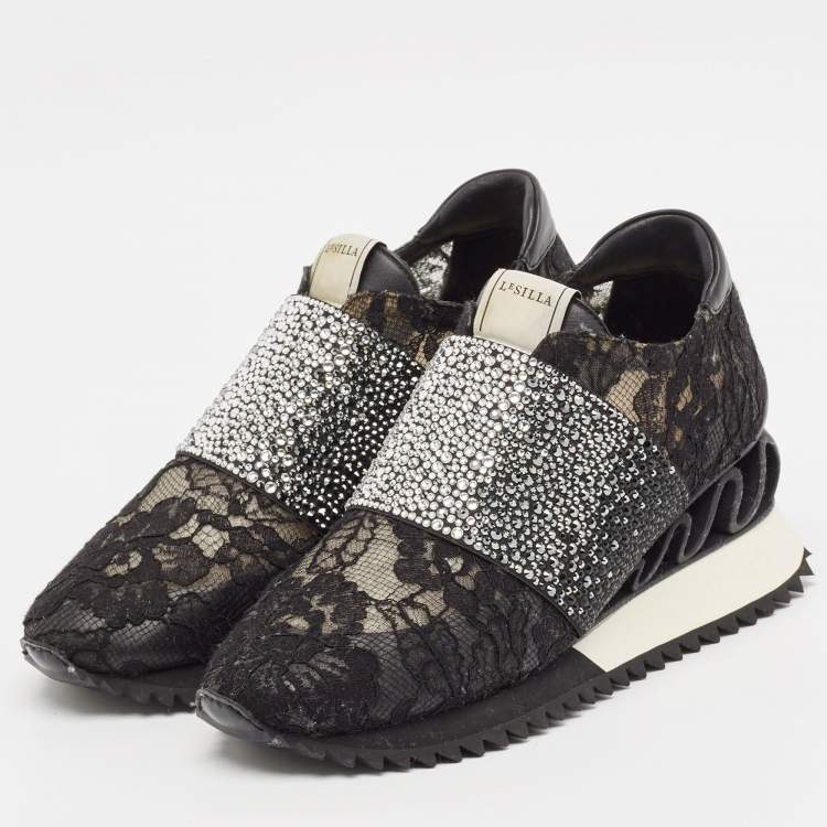Pre Owned Le Silla Black Lace and Leather Crystal Embellished Lace Up Sneakers Size 38