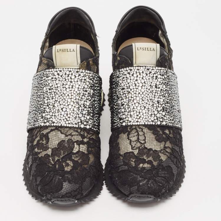 Pre Owned Le Silla Black Lace and Leather Crystal Embellished Lace Up Sneakers Size 38