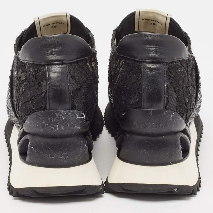 Pre Owned Le Silla Black Lace and Leather Crystal Embellished Lace Up Sneakers Size 38