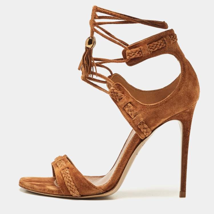 Pre Owned Le Silla Brown Braided Suede Ankle Wrap Sandals Size 37