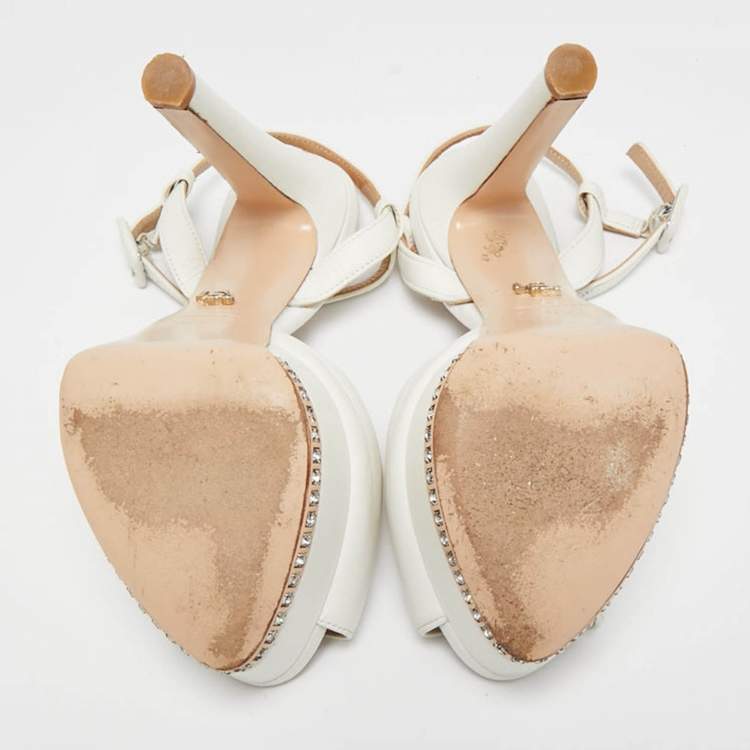 Pre Owned Le Silla White Leather Crystal Platform Ankle Strap Sandals Size 37.5
