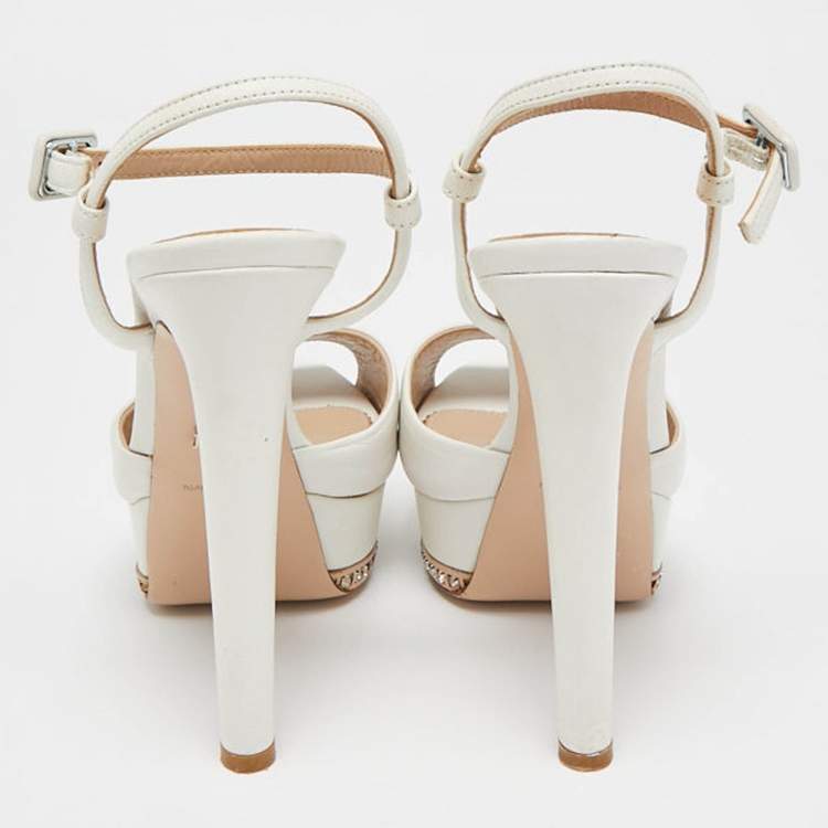 Pre Owned Le Silla White Leather Crystal Platform Ankle Strap Sandals Size 37.5