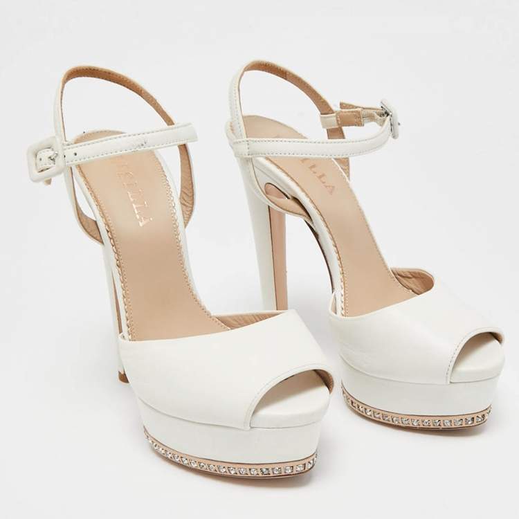 Pre Owned Le Silla White Leather Crystal Platform Ankle Strap Sandals Size 37.5