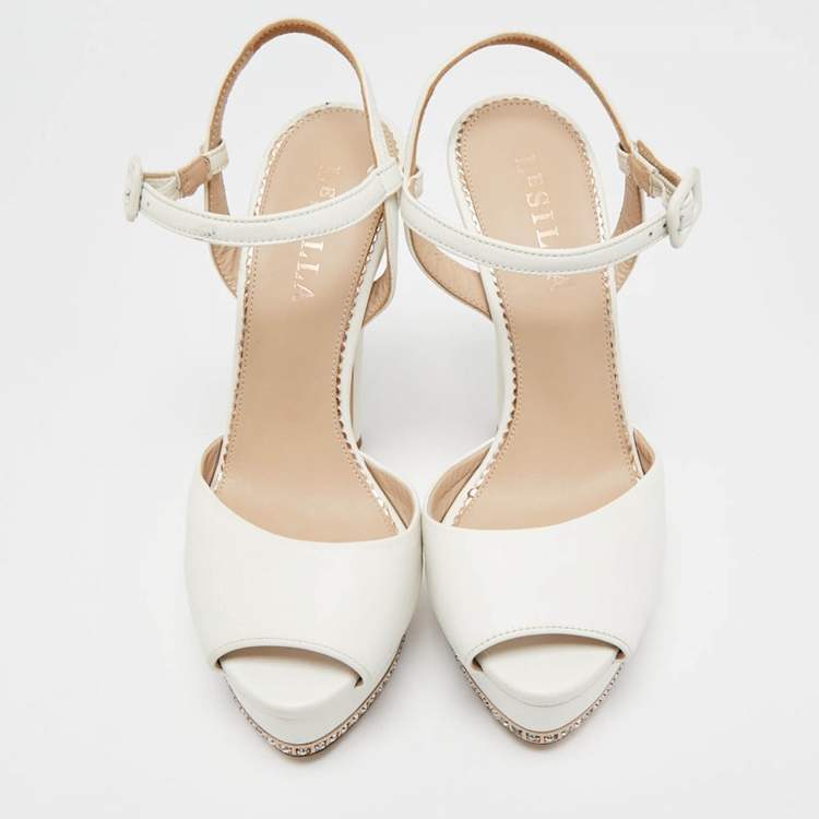 Pre Owned Le Silla White Leather Crystal Platform Ankle Strap Sandals Size 37.5