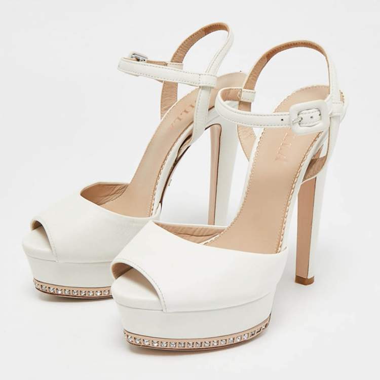 Pre Owned Le Silla White Leather Crystal Platform Ankle Strap Sandals Size 37.5