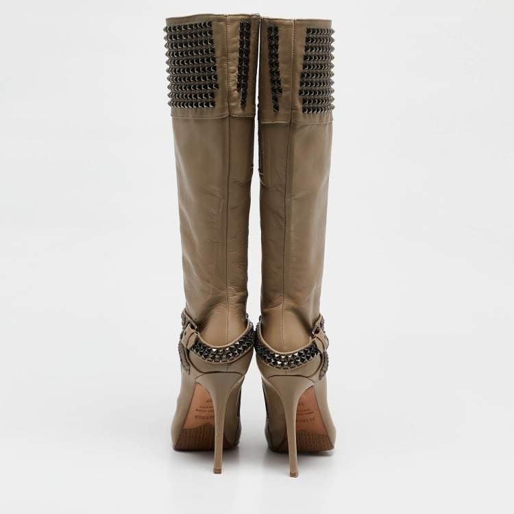 Pre Owned Le Silla Beige Leather Studded Platform Knee Length Boots Size 37