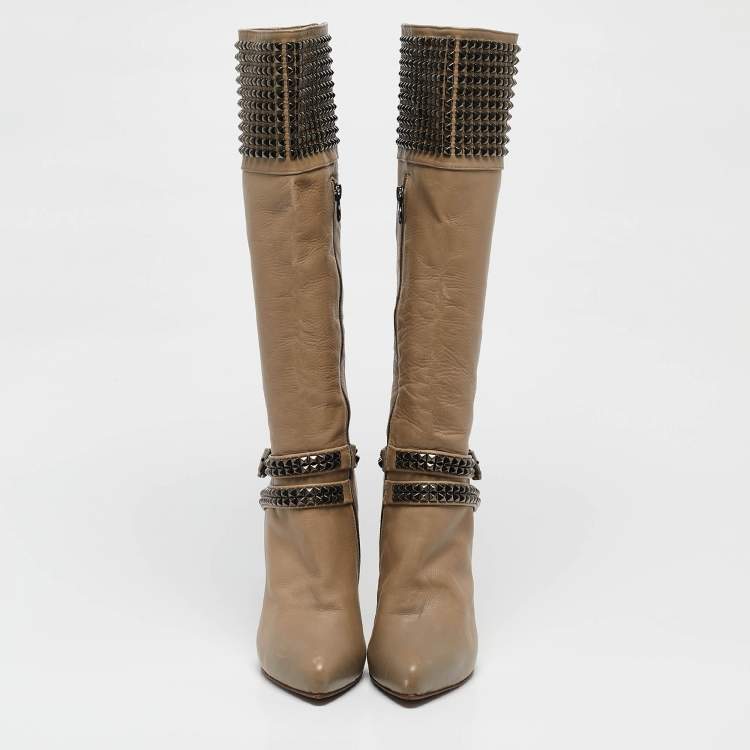 Pre Owned Le Silla Beige Leather Studded Platform Knee Length Boots Size 37